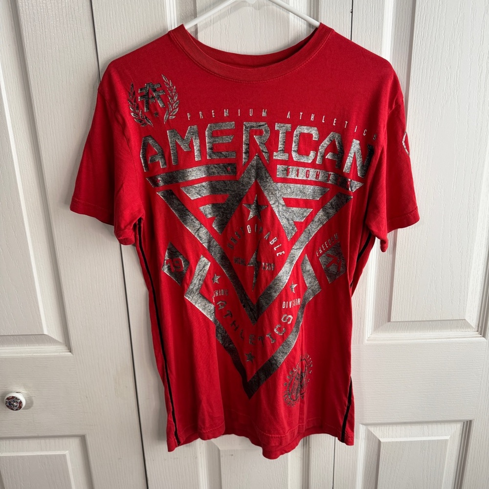 American Fighter Red Short Sleeve Graphic Print Double Sided Tee Men's Sz S Y2K